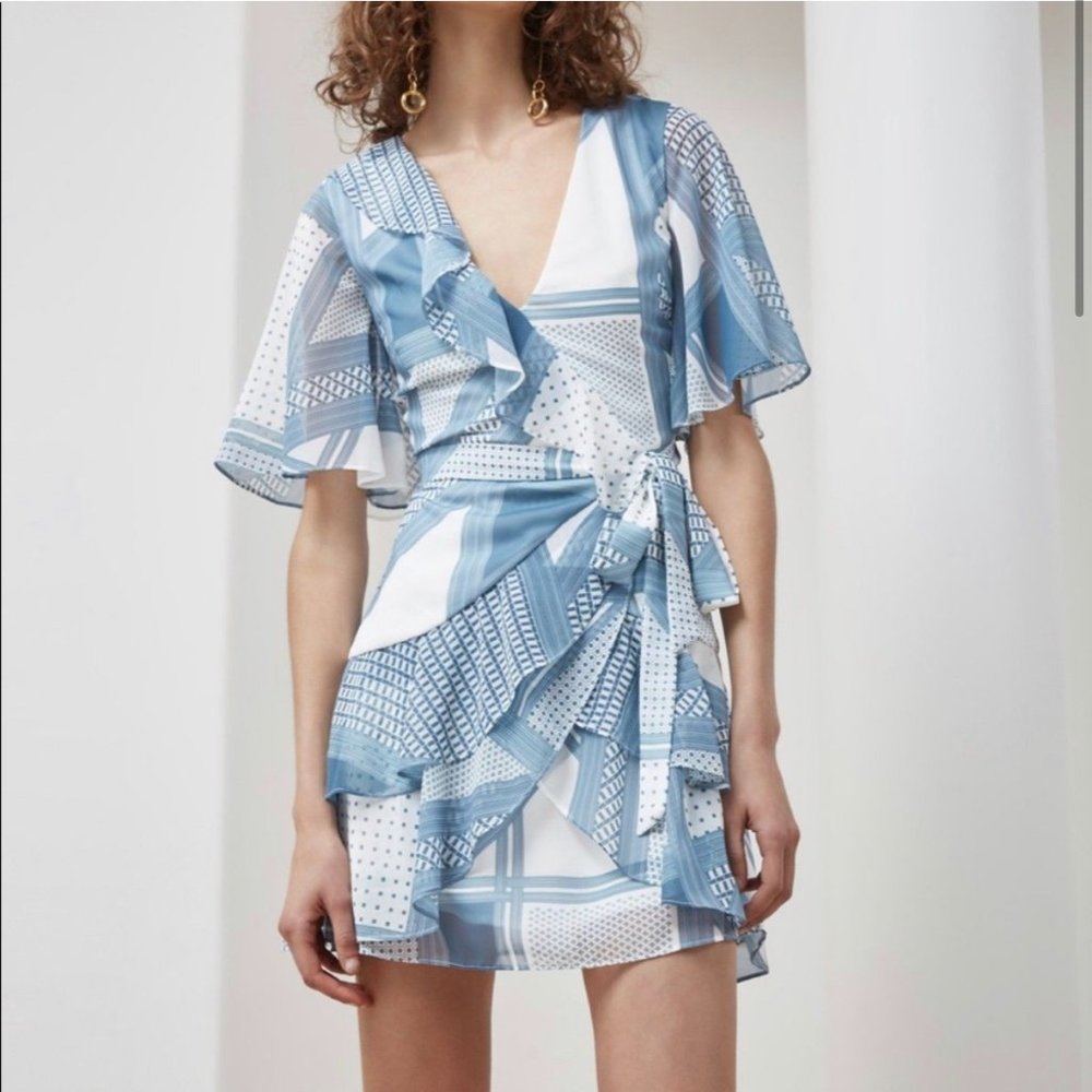 C/MEO Collective Ruffle Mini Dress Geometric Print XS